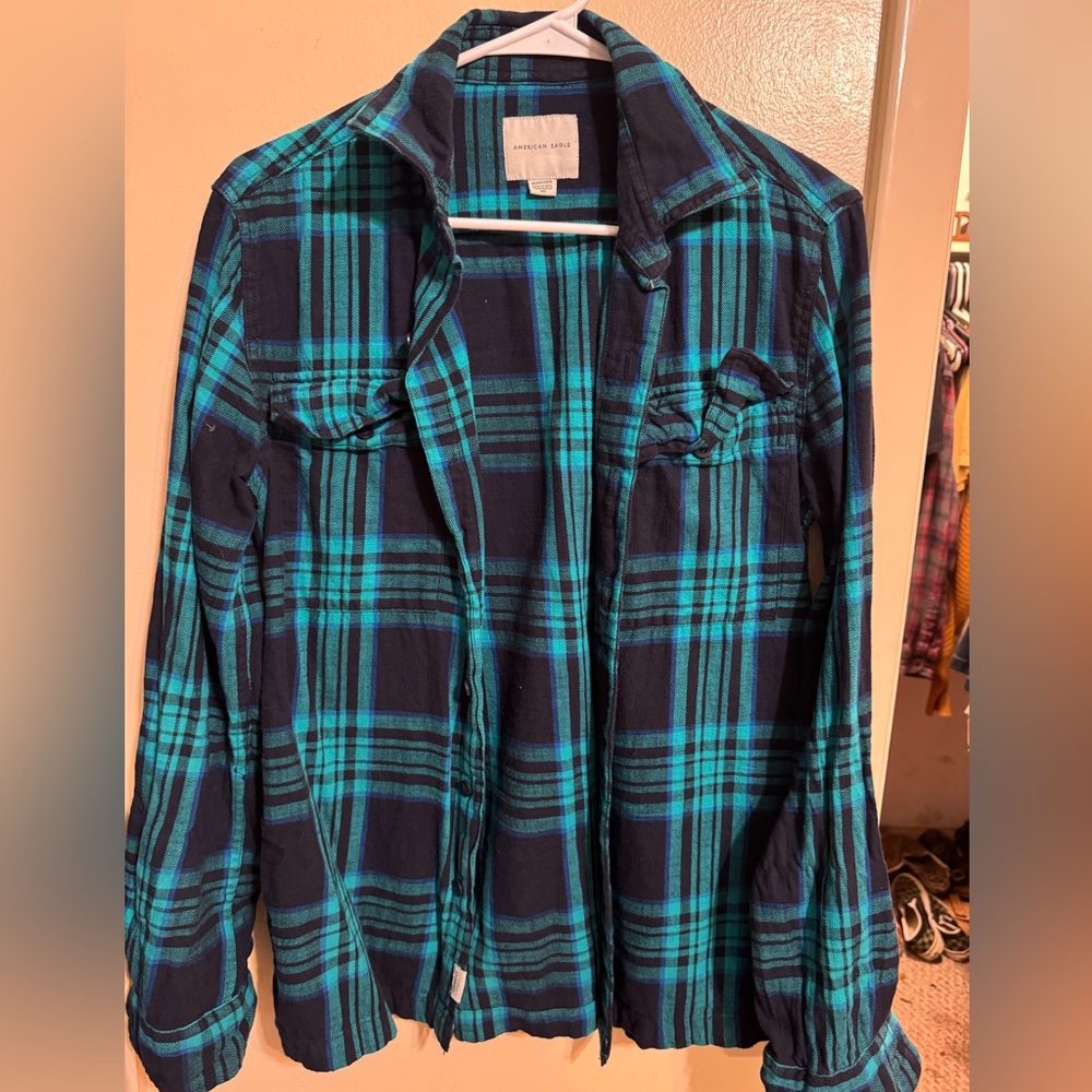 American Eagle Teal & Navy Plaid Shirt